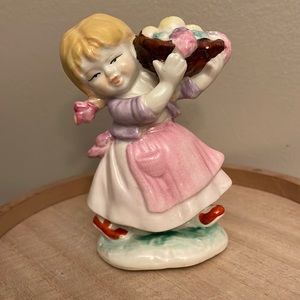 Vintage Kitschy Porcelain Girl Carrying Basket of Fruits Figurine.